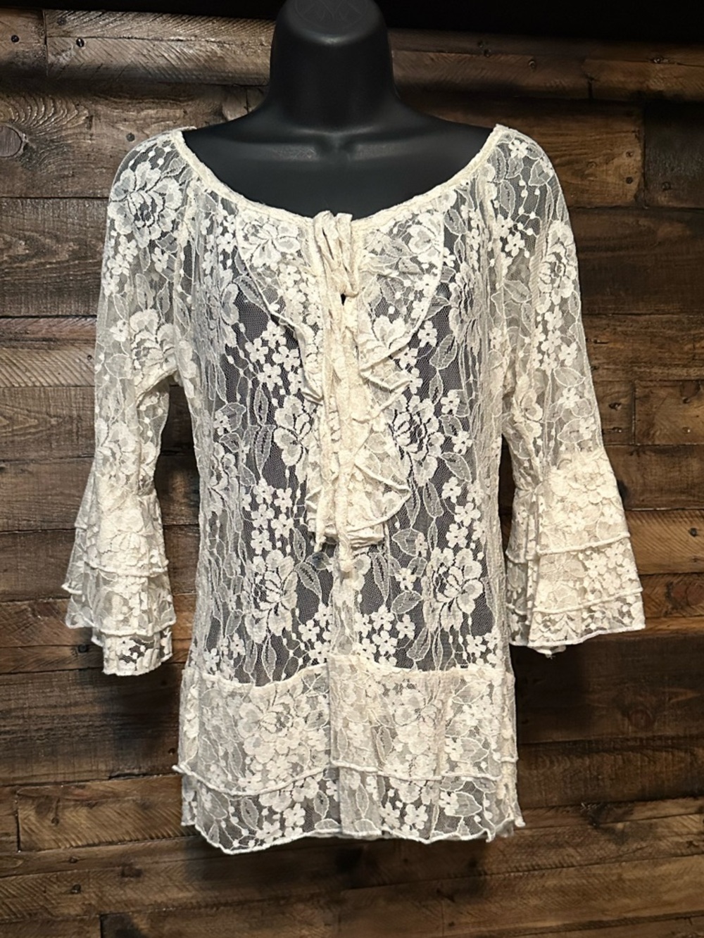 New York & Co Ivory Lace Ruffle Top